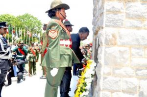 President Sata laying a wreath at Cenotaph during the Remembrance day of all those men and women who were killed during the two World Wars and other conflicts. This was at the National Cenotaph at Cabinet offices in Lusaka on October 10,2013 -Picture by THOMAS NSAMA 