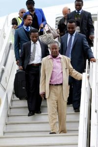 President Michael Sata alights from Emirates plane at Kenneth Kaunda International Airport from London -Pictures by EDDIE MWANALEZA ---