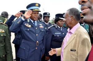 ZAF Commander Lt Gen Chimese salutes when President Sata arrived at Kenneth Kaunda International Airport from London on Feb 8,2014 -Picture by THOMAS NSAMA