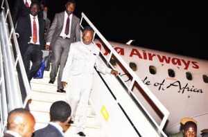 President Michael Sata arrives at Kenneth Kaunda International Airport on April 5,2014 from Brussels
