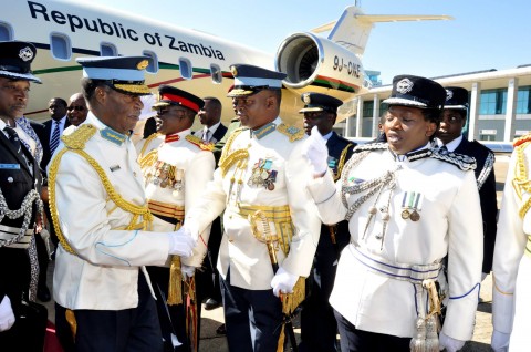 President Sata greets Service chiefs on arrival the ZAF commissioning Parade in Livingstone on May 9,2014 -Picture by THOMAS NSAMA