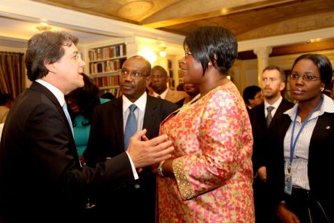 2. First Lady Dr Christine Kaseba listens to Dr Carlos Jarque at Yale Club Library where she was inaugurated as the ITU special Envoy for e-Health