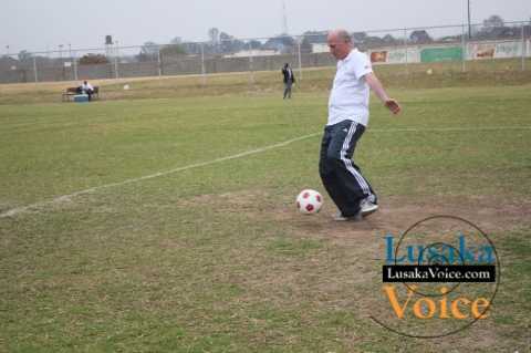 Zanaco MD Dick Bruce trying to control a ball during an exhibition match opposing ZANACO senior management do the Lusaka teachers the game ended on a lone goal draw