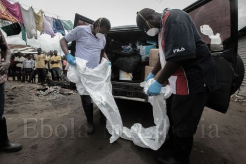Members of the team are watched as they put on protective overalls - Ebola crisis in Liberia