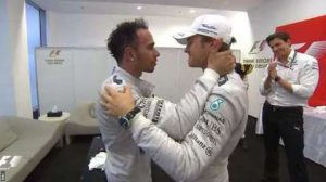 Touching embrace between Lewis Hamilton and Mercedes team boss Toto Wolff in the pre-podium room. And then a nice gesture from Nico Rosberg, who has headed up there to shake Hamilton's hand.