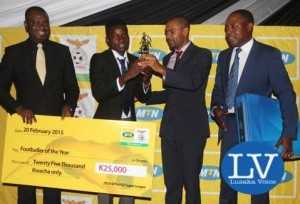 Player of the Year- From left Acting MTN CEO Clement Asante,  Ronald Kampamba , Minister of Sport Vincent Mwale and FAZ President Kalusha  Bwalya - Image Credit - Jean Mandela