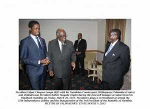President Edgar Chagwa Lungu (left) with his Namibian Counterpart, Hifikepunye Pohamba (Centre) and Zimbabwean President Robert Mugabe (right) during the Farewell Banquet at Safari Hotel in Windhoek, Namibia on Friday, March 20, 2015