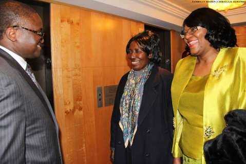 Zambia’s Ambassador to the US His Excellency Mr. Palan Mulonda welcomes the Vice-President Her Honour Mrs Inonge Wina (centre) and Zambia’s Ambassador to the UN Her Excellency Dr Mwaba Kasese-Bota (right) at New York Palace Hotel in New York on Sunday, March 8, 2015. The Vice-President is leading the Zambian delegation to the 59th Session of the Commission on the Status of Women. PHOTO | CHIBAULA D. SILWAMBA | ZAMBIA UN MISSION