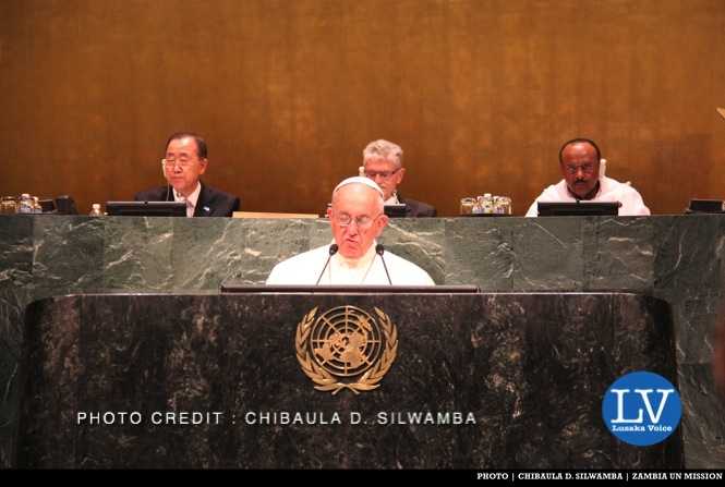 Pope Francis in the United Nations General Assembly Hall in New York, USA on Friday 25 September, 2015. PHOTO | CHIBAULA D. SILWAMBA | ZAMBIA UN MISSION