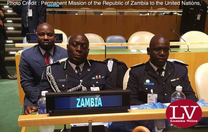 Zambia Police Inspector General Kakoma Kanganja, Zambia Police Service’s Leo Silowa and Zambia UN Mission’s Chibaula Silwamba at UN Chiefs of Police Summit at UN Headquarters in New York USA on Friday 3 June, 2016. Photo | Zambia UN Mission Press Office