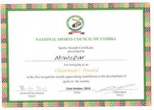 National Sports Council of Zambia AWARD CERTIFICATE