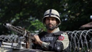 Pakistani paramilitary soldier stands alert outside an anti terrorism court where former President a …