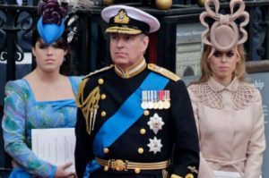 Prince Andrew and his daughters Britain's Princess Eugenie and Princess Beatrice
