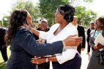 Former First Lady Maureen Mwanawasa welcomes First Lady Dr Christine Kaseba as First Republican President Dr Kaunda looks on on arrival at Pamodzi Hotel-Picture by THOMAS NSAMA