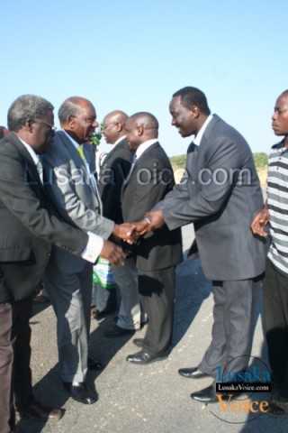Western Province Patriotic Front Chairman Kenneth Namutulo with Finance Minister Alexander Chikwanda greeting PF district youth Chairman Horns Manwato in Mongu recently - Lusakavoice.com