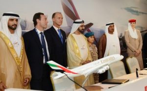 Left to Right: His Highness Sheikh Hamdan bin Mohammed Al Maktoum, Crown Prince of Dubai; Fabrice Brégier, Airbus President and CEO; Tom Enders, Chief Executive EADS; Sheikh Mohammed bin Rashid Al Maktoum UAE Vice President, Prime Minister and Ruler of Dubai and His Highness Sheikh Ahmed bin Saeed Al Maktoum, Chairman and Chief Executive, Emirates Airline and Group.