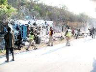 Fourteen people have died while fifty four others have sustained serious injuries after the Scania Marcopolo bus Reg No. ABA 4611 belonging to Ronsil Transport they were travelling in fell into a deep ditch at Luangwa Bridge along the great east road.