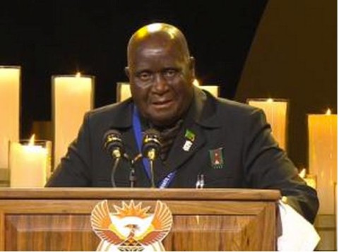 A screengrab taken from the SABC live feed shows Zambia's President Kenneth David Kaunda speaking during the funeral service for Nelson Mandela in Qunu. Photo: AFP/SABC