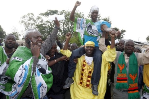 File pic-PF parliamentary candidate Steven Masumba lifted shoulder high by party supporters after he was declared winner of the Mufumbwe By Elections at Mufumbwe District Council on Friday 9:11:12