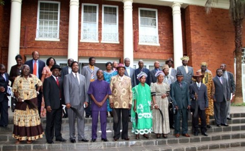President Sata poses for a photo with chiefs from North-western, Eastern and Central Provinces