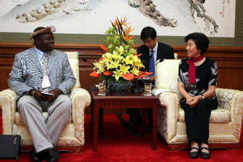 Wang Zhizhen (R), vice-chairwoman of the National Committee of the Chinese People's Political Consultative Conference (CPPCC), meets with Chief Madzimawe