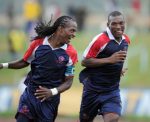 Mfanafuthi Mbhembe of Mbabane Swallows celebrates with teammate Sabelo