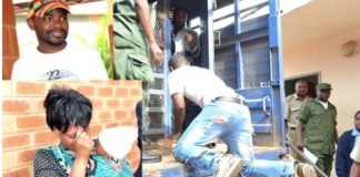 •CONTROVERSIAL singer Clifford Dimba popularly known as ‘General’ Kanene gets on a prison truck (Kasalanga) after he was found guilty of defilement by the Lusaka Magistrate’s Court yesterday. (Insert Above) Kanene before his conviction while his wife (below) carrying their child breaks down. Pictures by CLEVER ZULU