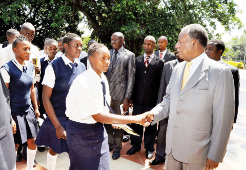 President Michael Sata greets Sioma High school pupils from Western province when they visited him at State on October 30,2013. The pupils are in Lusaka on an Education tour of State House, Parliament and the High Court. The pupils were led to State House by Sinjembela UPND member of parliament Njeulu Poniso and Education deputy minister Mulenga Chiponde -Picture by THOMAS NSAMA