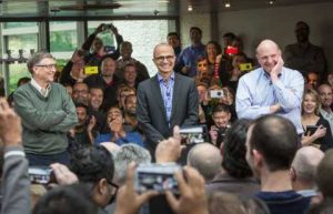 From left, Bill Gates, Satya Nadella and Steven A. Ballmer at a Microsoft event on Tuesday. Mr. Nadella is the third chief executive in Microsoft’s almost 40-year history. Microsoft