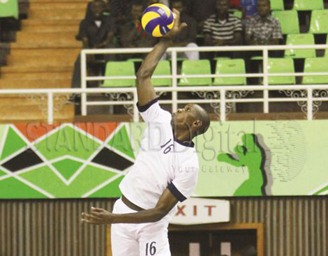 Kenya’s Mike Chemos makes a fine save in their World Championships Qualifier match against Zambia . PHOTOS- DENNIS OKEYO : STANDARD]