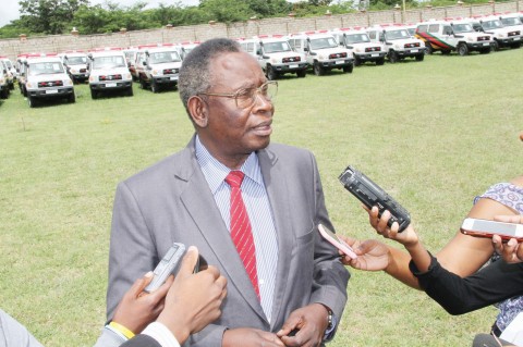 MINISTER of Health Dr Joseph Kasonde addressing journalists at Ndeke House in Lusaka on Wednesday when he flagged off the distribution of 98 ambulances to district hospitals across the country. - ANGELA MWENDA.