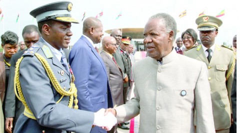 PRESIDENT Michael Sata greets Zambia’s military attaché in the Democratic Republic of the Congo Brigadier General Fredy Milamba before departure for Zambia yesterday. Picture by EDDIE MWANALEZA PRESIDENT Michael Sata greets Zambia’s military attaché in the Democratic Republic of the Congo Brigadier General Fredy Milamba before departure for Zambia yesterday. Picture by EDDIE MWANALEZA