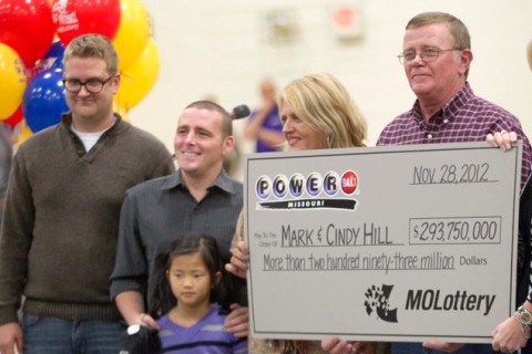 Mark and Cindy Hill hold a Powerball check with their three of their four children, Jarod, left, Cody and six-year-old Jaiden in Dearborn, Mo., Friday, Nov. 30, 2012 Read more: http://www.nydailynews.com/news/national/mo-powerball-winner-verified-ariz-s-mystery-article-1.1210787#ixzz2tkLmUIto