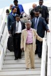 President Michael Sata alights from Emirates plane at Kenneth Kaunda International Airport from London -Pictures by EDDIE MWANALEZA —