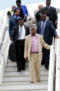 President Michael Sata alights from Emirates plane at Kenneth Kaunda International Airport from London -Pictures by EDDIE MWANALEZA ---