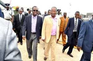President Sata flanked by Justice minister Wynter Kabimba on arrival at Kenneth Kaunda International Airport from London on Feb 8,2014 -Picture by THOMAS NSAMA