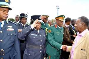 President Sata greets Service Chiefs on arrival at Kenneth Kaunda International Airport in Lusaka from London on Feb 8,2014 -Picture by THOMAS NSAMA -