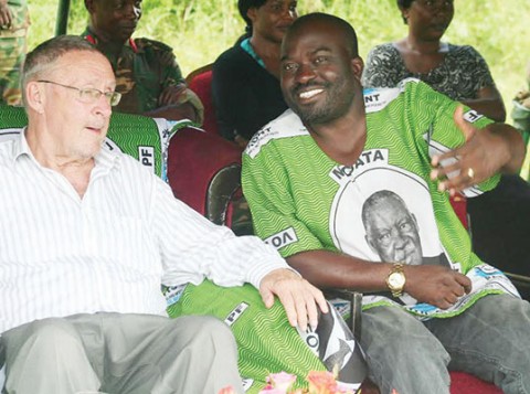 VICE-PRESIDENT Guy Scott (left) with Moses Chilando, the PF candidate in the Katuba parliamentary by-election, during a public rally at Chipeso Primary School in Katuba yesterday. – Picture by SUNDAY BWALYA/ ZANIS