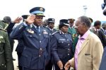 ZAF Commander Lt Gen Chimese salutes President Sata when he arrived at Kenneth Kaunda International Airport from London on Feb 8,2014 -Picture by THOMAS NSAMA