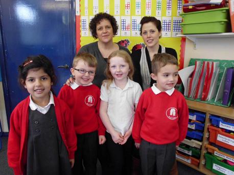 Elmtree teachers Emma Choules and Sophie Nowlan with pupils from the school
