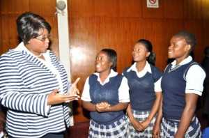 First Lady Dr Christine Kaseba interracts with Matero Girls High School pupils during the First Lady's Youth Mentorship Programme at Mulungushi International Conference Centre on march 11,2014 -Picture by THOMAS NSAMA