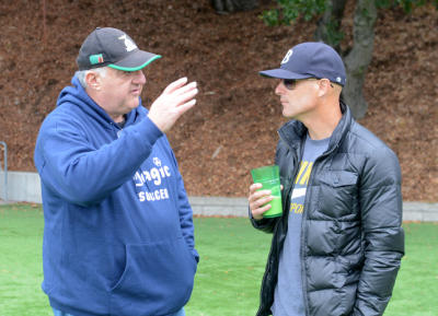 Geoffrey Levy, left, talks to fellow soccer supporter Josh Kalkstein on Monday, Mar. 3, 2014, in San Rafael, Calif. Levy is helping the Zambia womens u-17 national team achieve a spot in the World Cup games. The girls range from 14-17 years of age. (Frankie Frost/Marin Independent Journal) Frankie Frost