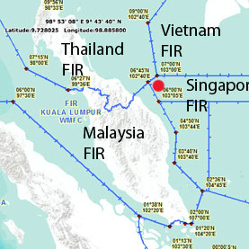 This map depicts several International Civil Aviation Organization (ICAO) flight information regions (FIRs). Air traffic controllers lost contact with Malaysia Airline Flight 370 near the region where Malaysia, Thailand, Vietnam and Singapore FIRs intersect (marked by the red dot).  Courtesy of the International Civil Aviation Organization