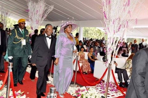 President Sata and First Lady Dr Christine Kaseba (l) arrives at President Mugabe's residence for the wedding ceremony of Bona Mugabe, Daughter to Robert Mugabe