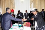 President Sata congratulates newly appointed deputy Minister of Community Development, Mother and Child Health Ingrid Mpande during the Swearing-in-Ceremony at State House in Lusaka on March 27,2014 -Picture by THOMAS NSAMA