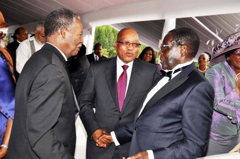 President Sata with President Jacob Zuma and Zimbabwean President Robert Mugabe during the wedding ceremony of Bona Mugabe (second from right), Daughter to Robert Mugabe