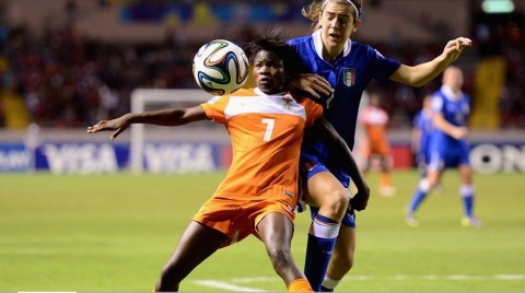 Valentina Bergamaschi of Italy battles with Lungu Bridget of Zambia during the FIFA U-17 Women's World Cup Group A match between Italy and Zambia at Estadio Nacional on March 15, 2014 in San Jose, Costa Rica. (Photo by Jamie McDonald - FIFA/FIFA via Getty Images)