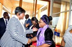 Sylvia Banda greets First Lady Dr Christine Kaseba Sata when she arrived at Mulungushi International Conference Centre for the First Lady's Youth Mentorship Programme in Lusaka on March 11,2014 -Picture by THOMAS NSAMA