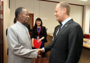 President Michael Sata confers with Polish Prime Minister Donald Tusk at Justus Lipsius building in Brussels, Belgium on Wednesday, April 2, 2014 -Pictures by EDDIE MWANALEZA — in Belguim.