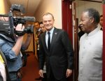 President Michael Sata with Polish Prime Minister Mr Donald Tusk at Justus Lipsius building in Brussels, Belgium on Wednesday, April 2, 2014. Picture BY EDDIE MWANALEZA — in Belguim.-